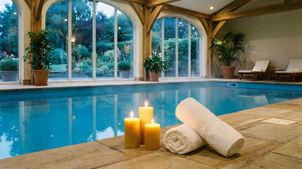 Obraz premium Relaxing indoor swimming pool with candles and towels