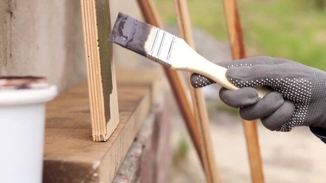 Painter covers a wooden panel with brown varnish, close-up. Hand in a protective glove holds a brush, painting a wooden surface. Handmade. The process of treating wood with a protective coating