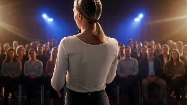 Charming Female Narrator Captivates Audience With Emotional Storytelling At Sophisticated Evening Gathering