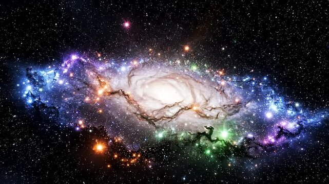 A vibrant galaxy with a bright central core and sprawling colorful arms