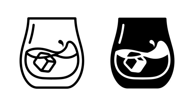 Whiskey Glass Icons, Alcohol Drink Set, Beverage Splash, Ice Cube Vector Graphics, Bar and Restaurant Elements