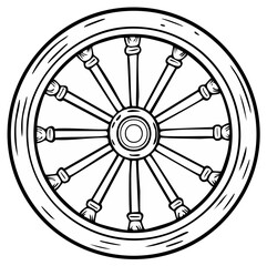 Obraz premium Traditional Wooden Wagon Wheel with Spoke and Rim Detail Outline Art