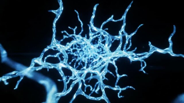 Expansive abstract cgi video of glowing electric blue neural network lines dynamically forming against a black void with lens flares, conveying seamless data information flow concept