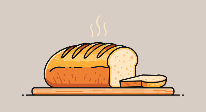 Freshly baked bread loaf and slice on a wooden board illustration