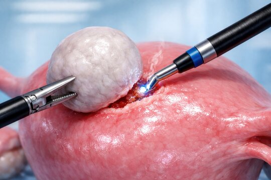 Laparoscopic myomectomy surgical 3D illustration shows graspers holding subserosal uterine fibroid while electrosurgical tool excises tumor from uterus surface, detailed gynecology procedure