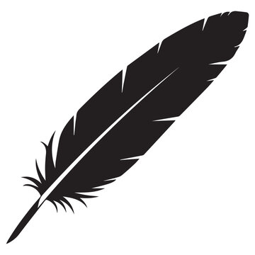 Black silhouette of a single feather with writing tool