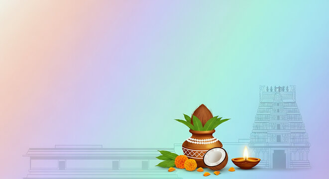 Elegant Avani Avittam Illustration with Temple and Sacred Elements in a Soft Pastel Gradient Style for Hindu Ritual Celebration