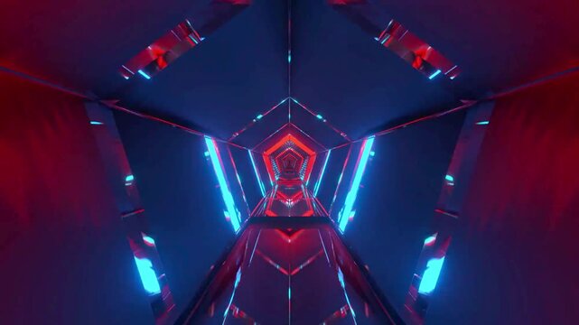 Immersive cinematic motion graphics of a dark space station hallway with pulsating blue and red LED accents.