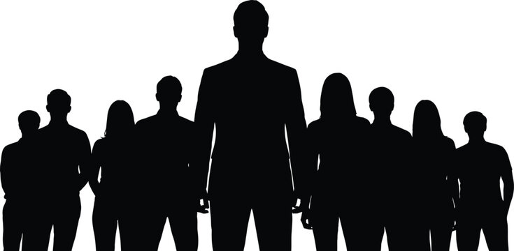 Silhouetted group of people a leader and followers in dark contrast