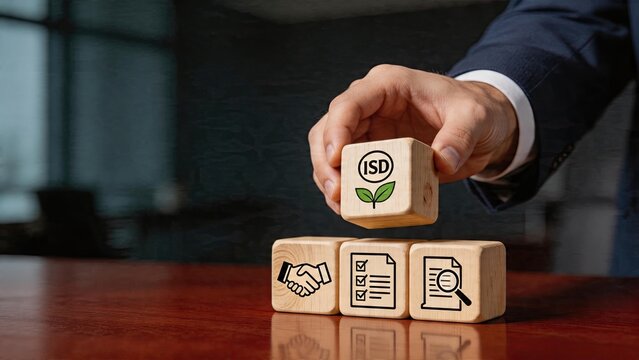 Business man placing sustainability block with ISD logo on table green leaf symbol over documents for checklist and inspection Corporate strategy hand placing wooden cube to show