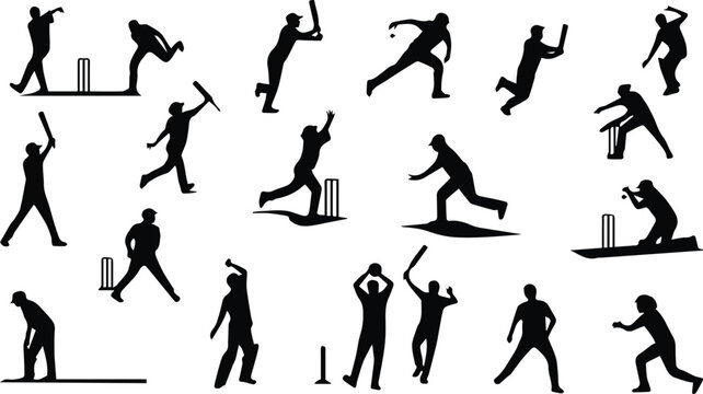 Cricket batsman action silhouettes for batting poses