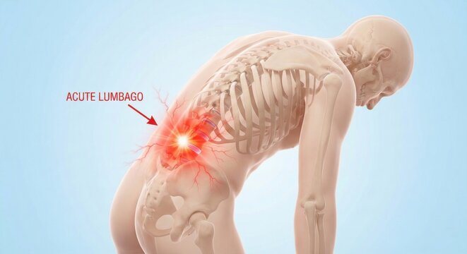Intervertebral herniated disc sciatica concept, medical 3D anatomical illustration of human figure in forward bending pose with lumbar spine L4 L5 compression and acute lumbago pain burst