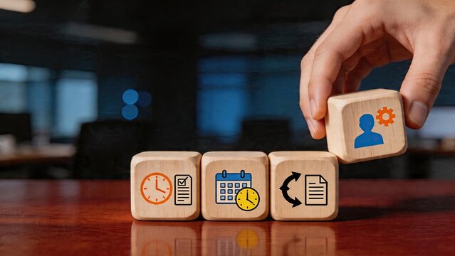 Business man hand placing wooden cube with user settings icon on table with other cubes showing time clock documents calendar and refresh arrows symbol for project management