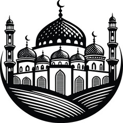 Black and white mosque with domes and minarets © SHARIFUL