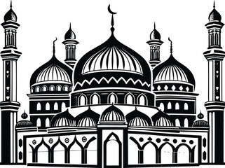 Black and white illustration of a mosque with domes and minarets © SHARIFUL