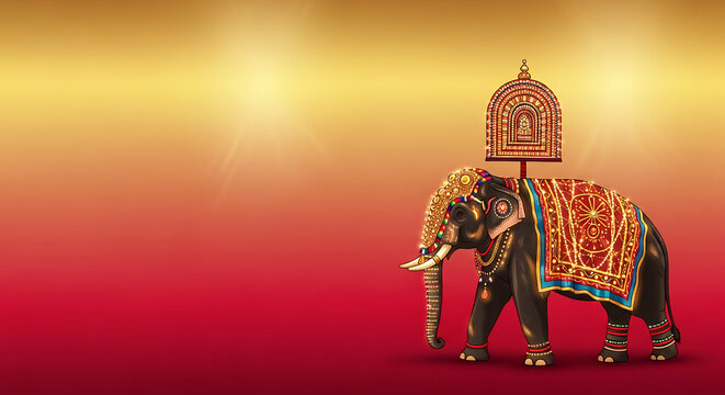 Golden and Red Esala Perahera Festival Banner with a Decorated Elephant and Ornaments, Sri Lankan Kandy Cultural Event Background