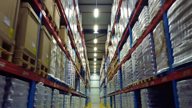 Modern industrial warehouse interior with high-density shelving and organized pallet storage for global logistics and supply chain management.