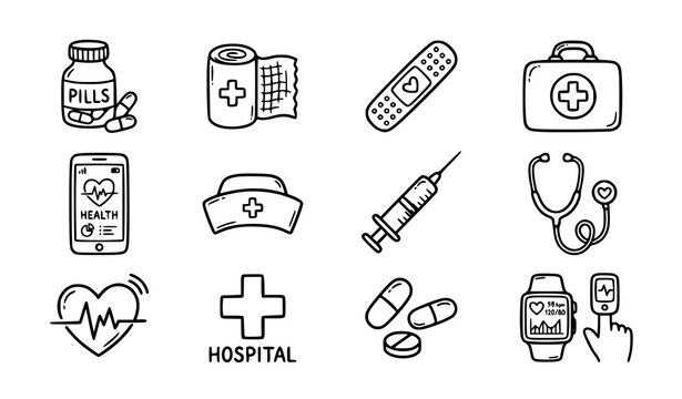 Doodle medical healthcare line icon set medicine tools vector illustration