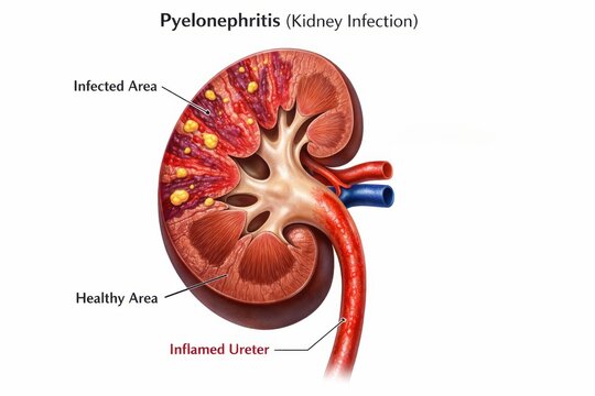 Cystitis kidney bladder stones kidney infection visualization features external renal surface with red streaks and yellow abscess foci, ureteral inflammation, clinical render