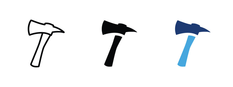Firefighter axe icon in outline filled and two-tone blue and light blue styles.