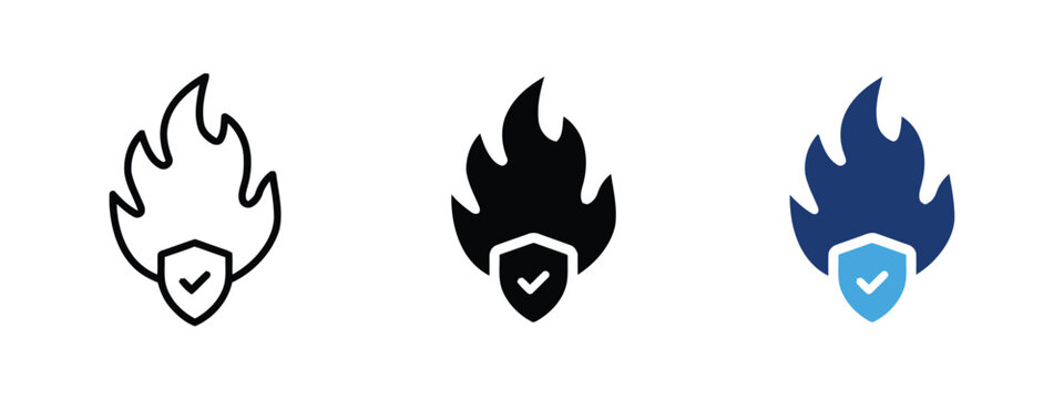Firewall security icon with shield and checkmark in three styles outline solid and color.