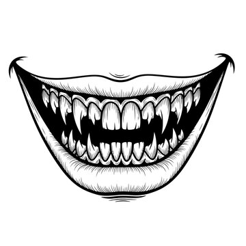 Black and white illustration of a smiling mouth with sharp teeth