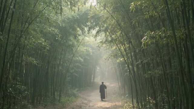 Buddhist Monk Walking Through Sunlit Bamboo Forest &ndash; Peaceful Spiritual Journey