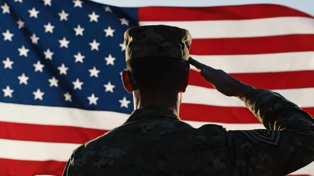 Soldier in silhouette saluting the american flag