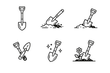 Gardening shovel icons set featuring trowel tools in soil with plant sprout. © SkPrsho