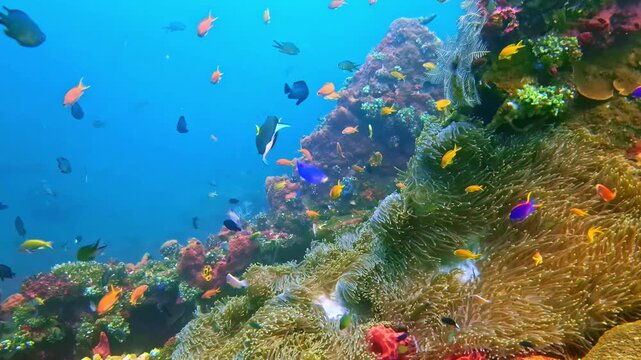 An explosion of marine life with blue tangs, anthias,damsels, and clownfish swarming over a richly colorful mixed coral reef featuring sea fans, anemones, and sponges in vivid tropical water.Indonesia