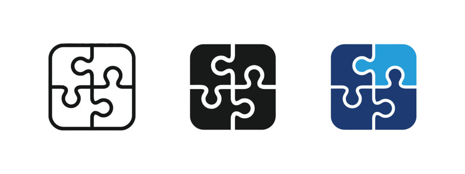 Four puzzle pieces forming a square icon concept for teamwork or connection.