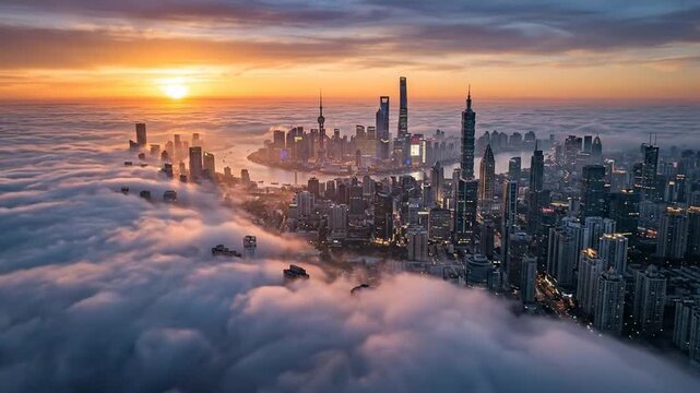 Sunset glows over city skyscrapers rising above thick clouds