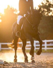 Fototapeta premium A horse and rider in a riding arena at sunset