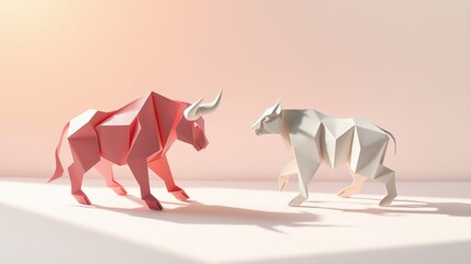 Origami bulls face off. Pink, white paper animals contrast against soft background. Minimalist design, geometric shapes present.