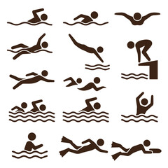 Set of various swimming style icons and diving figures with swimming © Bro