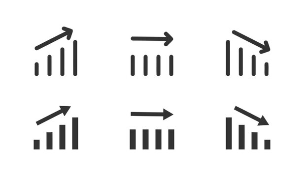 Graph icons showing increasing and decreasing trends with arrows and bars.