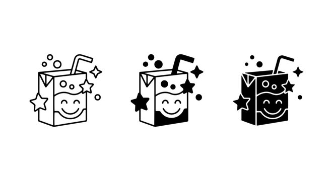 three black and white cartoon beverage boxes with smiling faces and sparkles