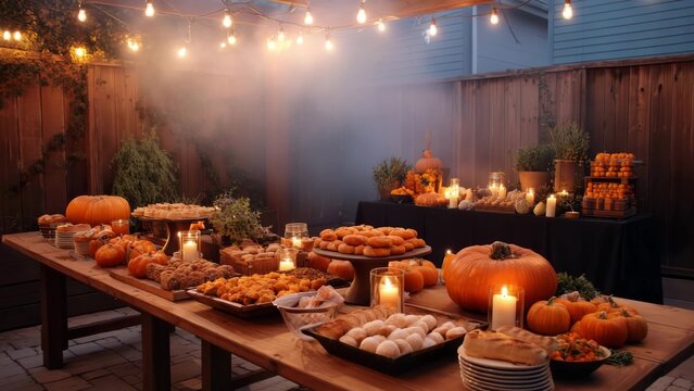 Halloween autumn outdoor dinner table filled with pumpkins, candles, and seasonal treats. Spooky yard decorated with carved pumpkins, skeletons, cobwebs, eerie lanterns, foggy fall evening