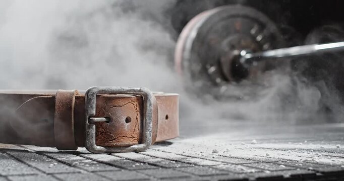 Leather belt on wooden floor steam.