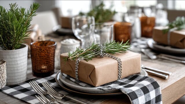 Rustic holiday gift boxes with greenery on festive wooden dining table setup. quick and easy gift wrapping using newspaper, washi tape, and simple decorations, holiday decor concept