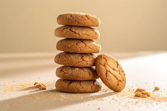 Delicious homemade golden brown ginger cookies are stacked neatly in a vertical column while one single biscuit rests against the side to create an appealing aesthetic display that emphasizes the crun