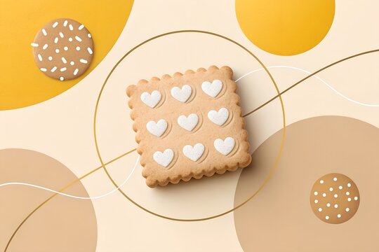Square shortbread biscuit decorated with nine embossed white hearts sits prominently as the primary focal point of this artistic composition representing a delightful treat for celebrations like valen
