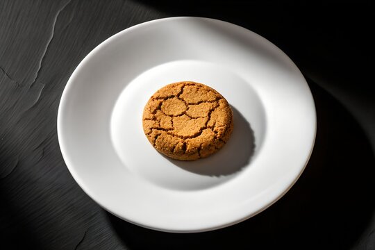 A single freshly baked ginger cookie with a cracked surface texture rests centered on a clean white porcelain plate set against a dark moody background surface to highlight the rustic culinary details