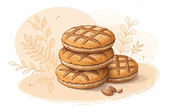 Delicious stack of freshly baked traditional almond cookies featuring a golden brown texture with delicate scored crosshatch patterns resting beside scattered organic raw nuts arranged on a soft artis