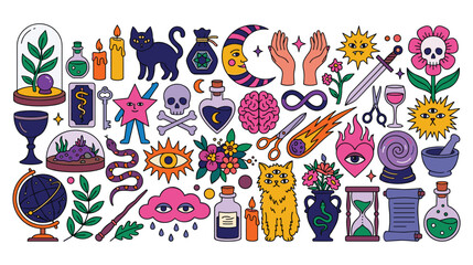 Mystical esoteric symbols set featuring occult items and magic elements art. © Ojufa