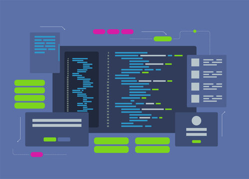 Software development and programming, program code on laptop screen, big data processing, computing isometric