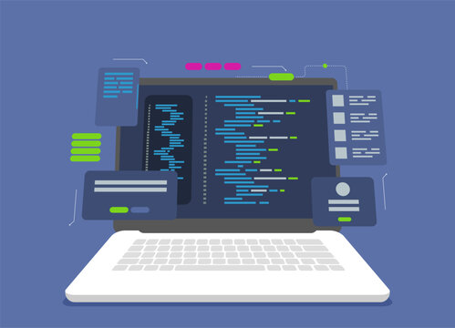Software development and programming, program code on laptop screen, big data processing, computing isometric