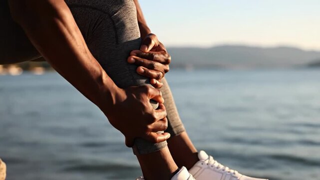 Closeup of a person clutching their knee in pain outdoors by the water