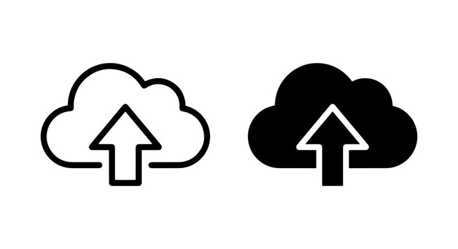 cloud upload arrow set in black and white vector illustration on transparent background