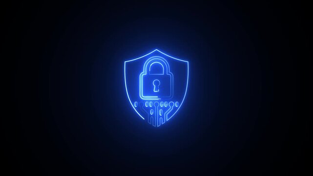 Blue neon shield with lock and circuit board security